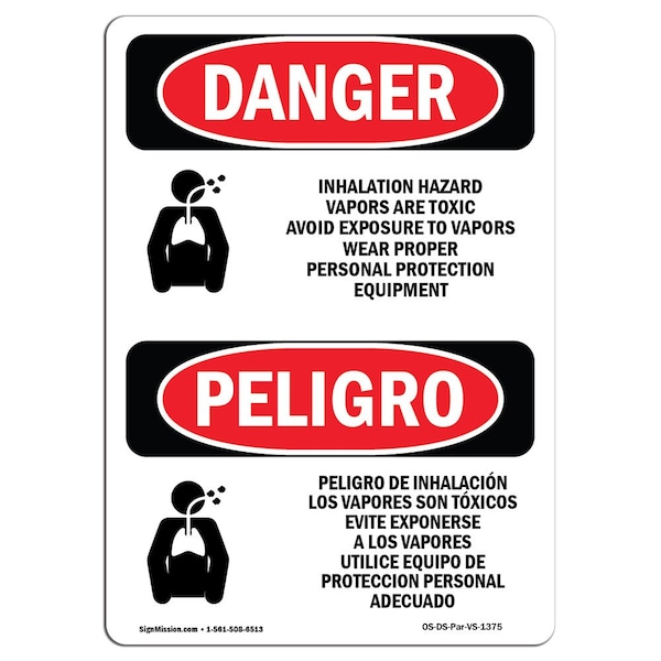 Safety Sign, OSHA, 24" Height, Rigid Plastic, Inhalation Hazard Vapors Toxic Spanish
